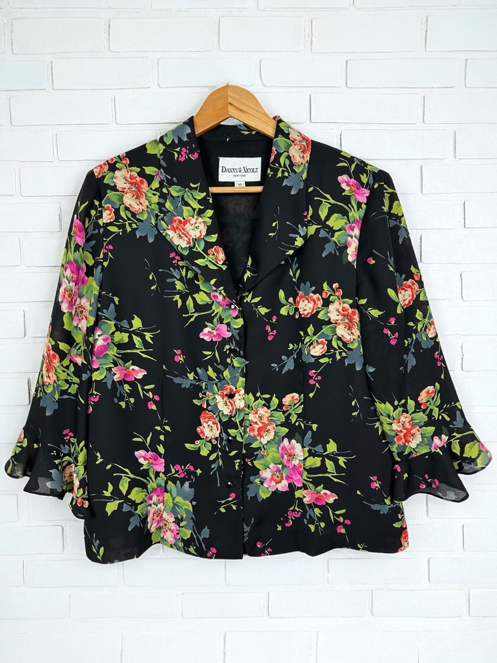 Vintage Floral Print Quarter Ruffle Sleeve Button Up Lightweight Blouse Jacket